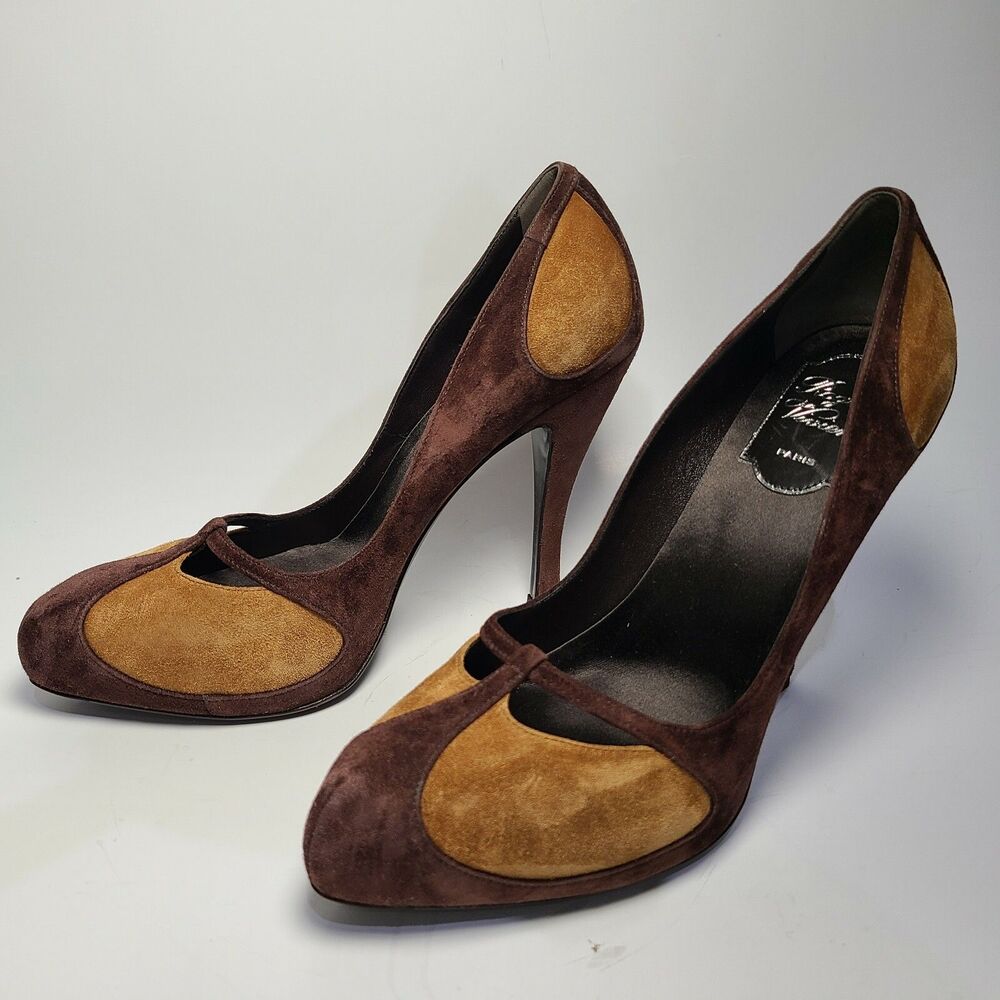 Roger Vivier women heels Pump Paris 2-tone brown Leather suede sz 37.5 7.5 new - Picture 4 of 10